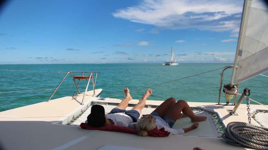 Mauritius: Ile aux Cerf Catamaran w/Waterfall Visit & Lunch - Sailing the lagoon with Sega music